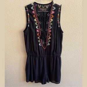 Double D Ranch - Embroidered Black Romper - Fully Lined, Elastic Waist, Pockets